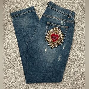 Women’s Embellished Dolce & Gabbana Denim Jeans with Beaded Heart Detail